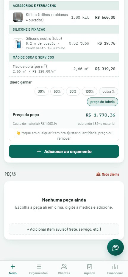 Tela real do app: botões de margem 30, 50, 80, 100% e preço da peça com custo do material