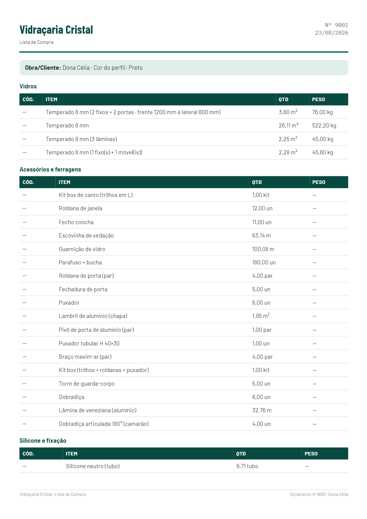 Primeira folha da lista de compra, com código e quantidade de cada item