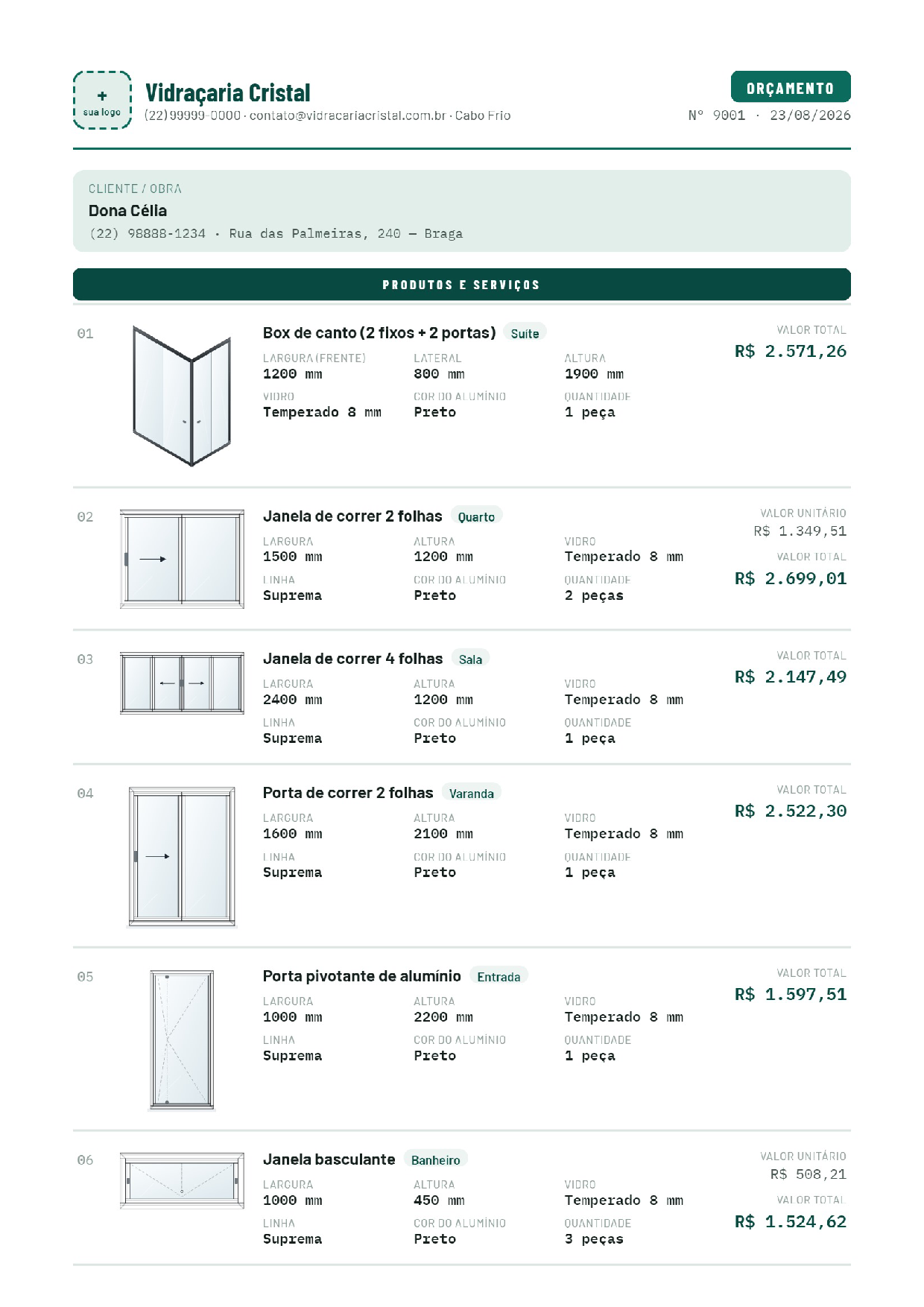 Primeira folha do orçamento: 14 peças com desenho, medidas e valores