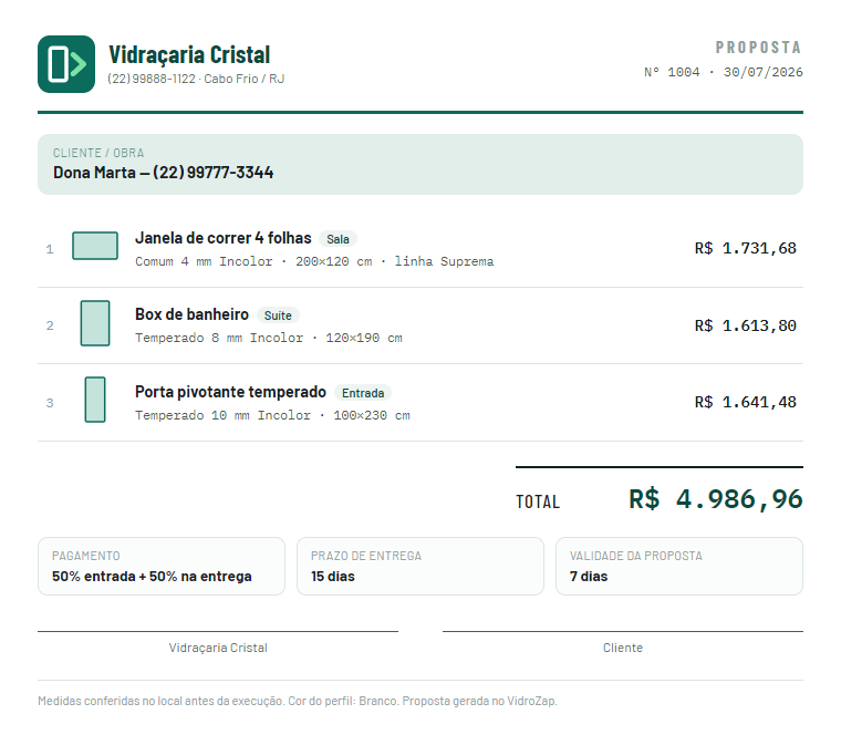 Exemplo de proposta gerada no VidroZap