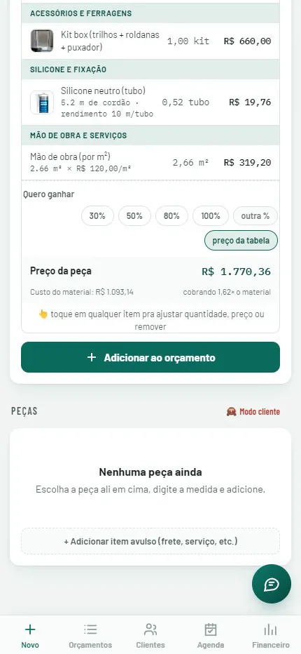Tela real do app: botões de margem 30, 50, 80, 100% e preço da peça com custo do material