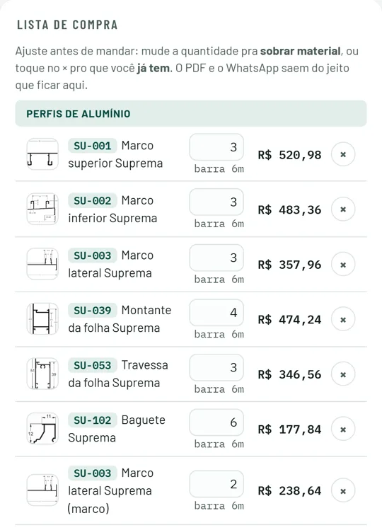 Lista de compra real do VidroZap