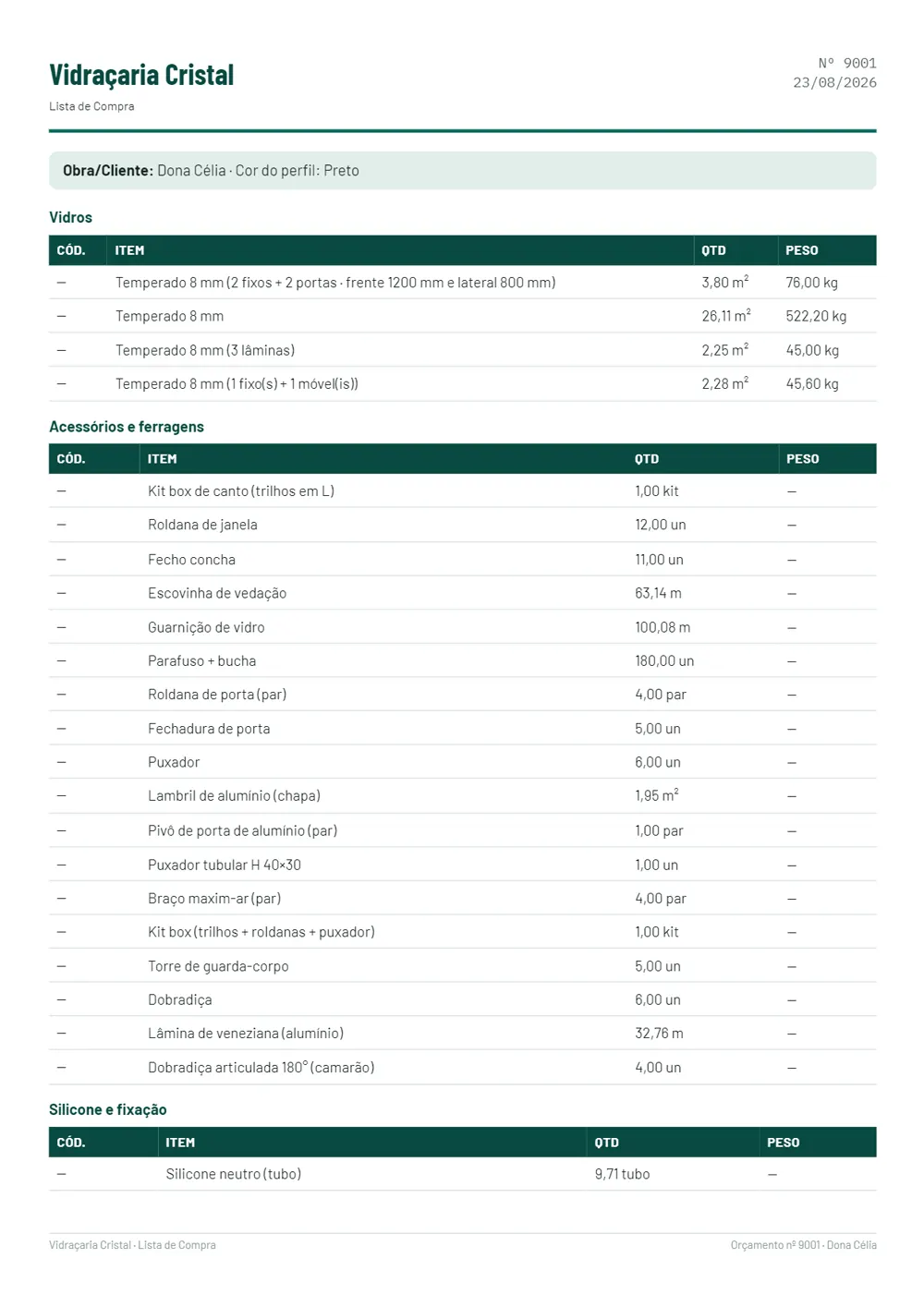 Primeira folha da lista de compra, com código e quantidade de cada item