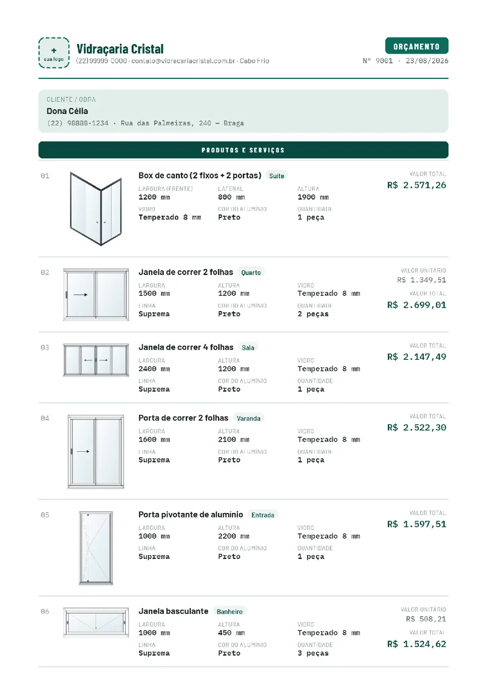 Primeira folha do orçamento: 14 peças com desenho, medidas e valores